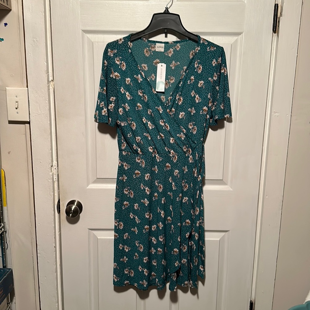 Flowy Floral Dress w/ Waist Tie - Kaileigh Tawney Knit - Teal, XL, [NWT]